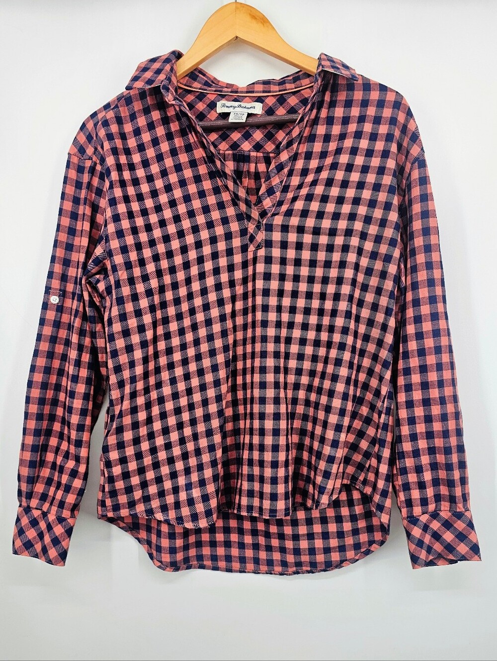 Tommy Bahama 100% Cotton Gingham Popover Blouse Pink Navy Plaid XS